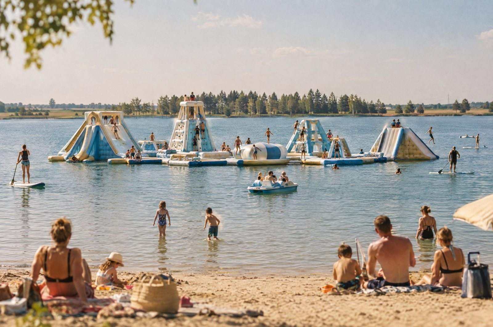 Schwimmender Wasserpark auf dem See im Sommer