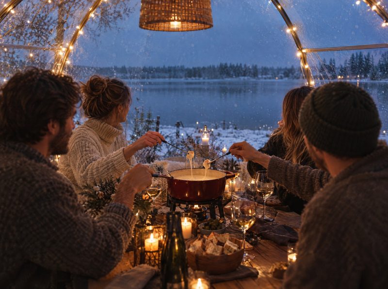 Käsefondue in einer beleuchteten Bubble am See