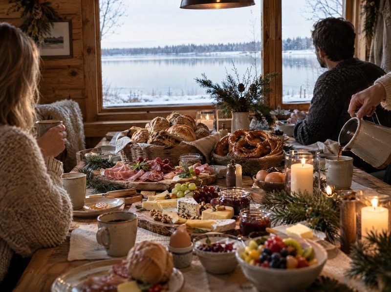Frühstücksbuffet in der Hütte mit Blick auf den verschneiten See