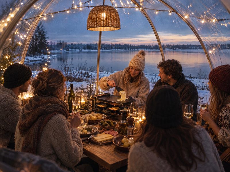 Freunde beim Raclette in einer beheizten Bubble am See