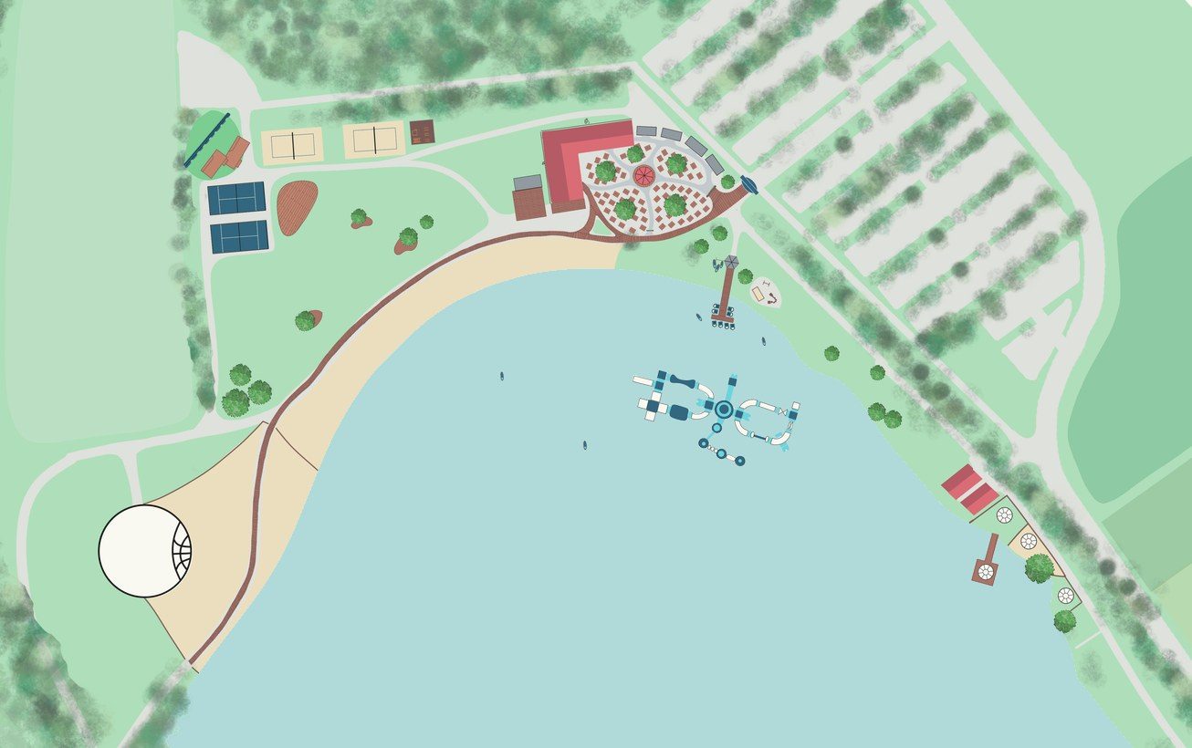 Lageplan des Aquapark Bayern mit See, Strand und allen Bereichen rund ums Ufer