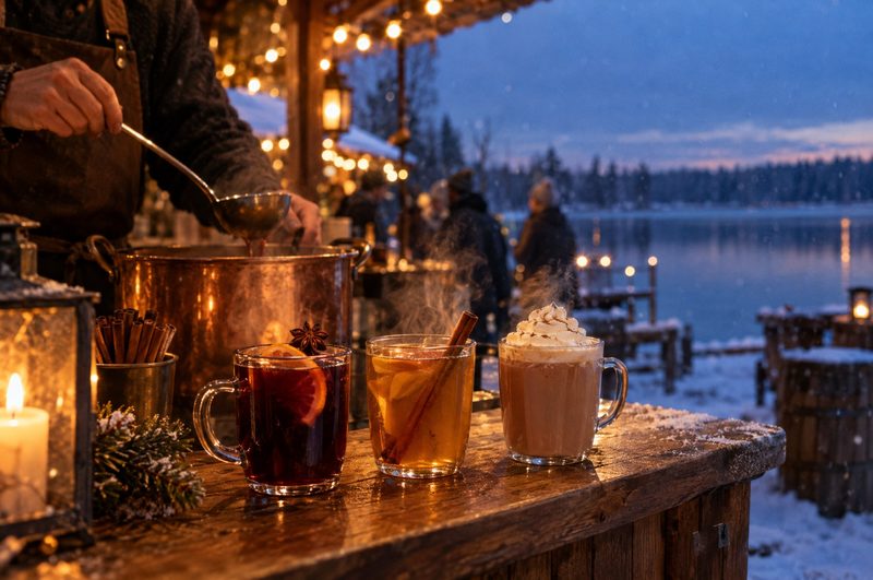Zwei Gläser heißer Cocktail mit Orangenschale und Gewürzen