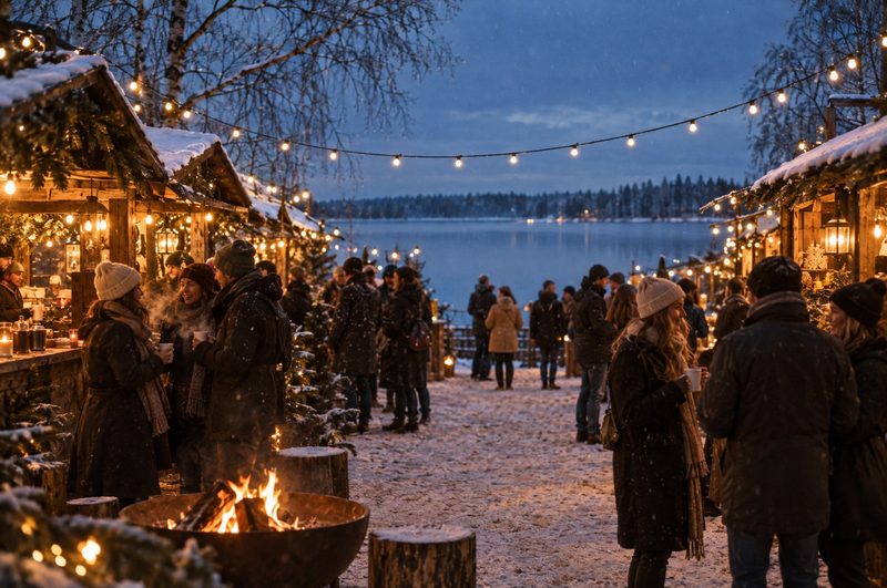 Gäste zwischen beleuchteten Weihnachtsbuden