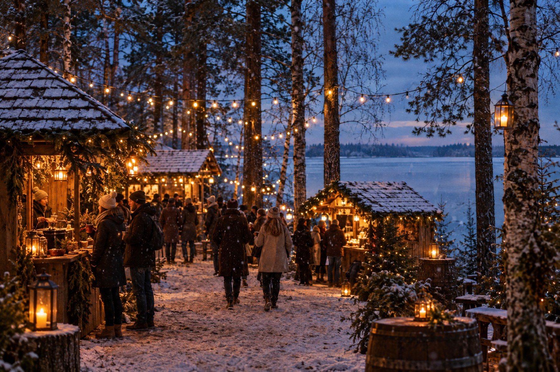 Holzhütten, Tannen und Lichterketten auf einem Weihnachtsmarkt im Wald bei Nacht